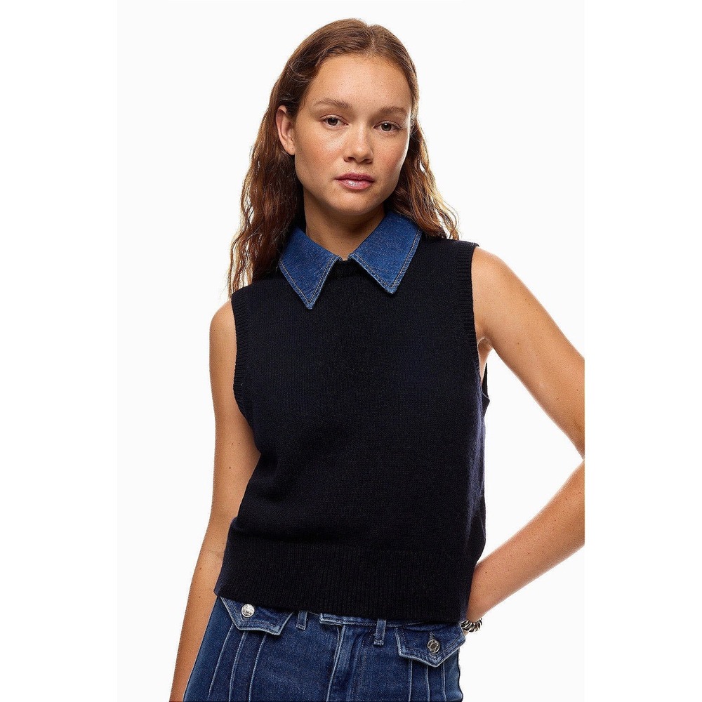 Sandro Nimes Sweater Wool Blend Detachable Denim Collar Preppy Chic